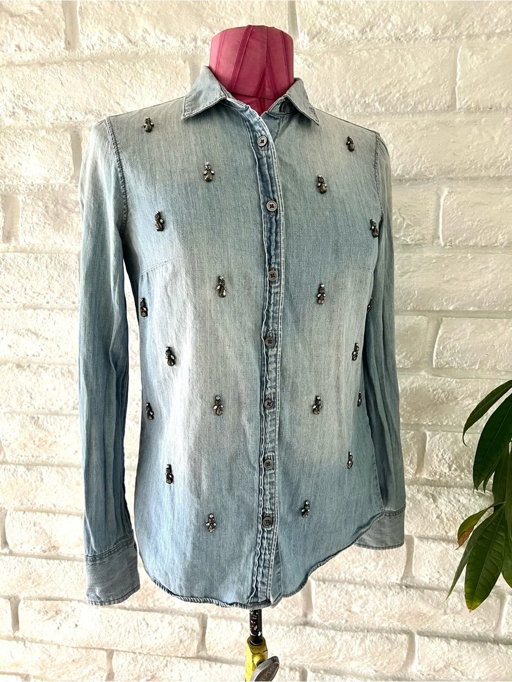 J. Crew Light Blue Beaded Denim Button Down Shirt Size 0